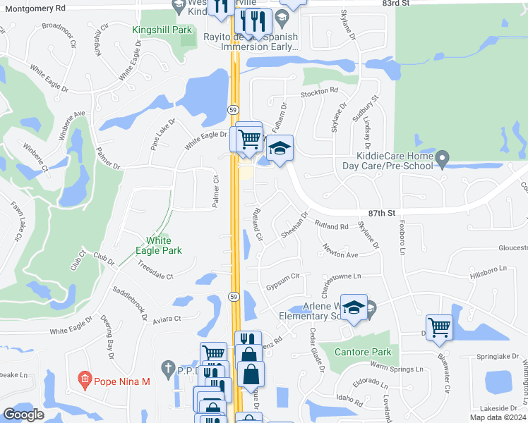 map of restaurants, bars, coffee shops, grocery stores, and more near 2934 Rutland Circle in Naperville