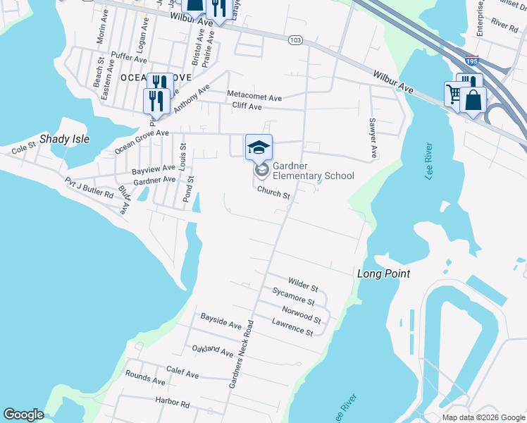 map of restaurants, bars, coffee shops, grocery stores, and more near 1035 Gardners Neck Road in Swansea