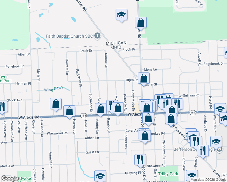 map of restaurants, bars, coffee shops, grocery stores, and more near 5859-5901 Murnen Road in Toledo