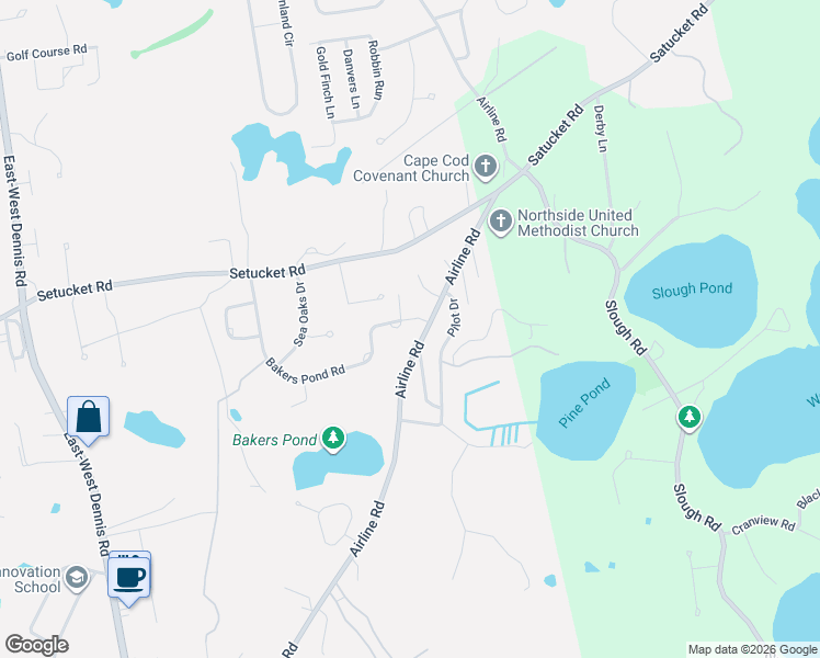 map of restaurants, bars, coffee shops, grocery stores, and more near 335 Airline Road in Dennis
