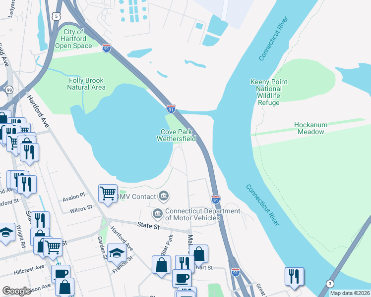 map of restaurants, bars, coffee shops, grocery stores, and more near 520 Main Street in Wethersfield
