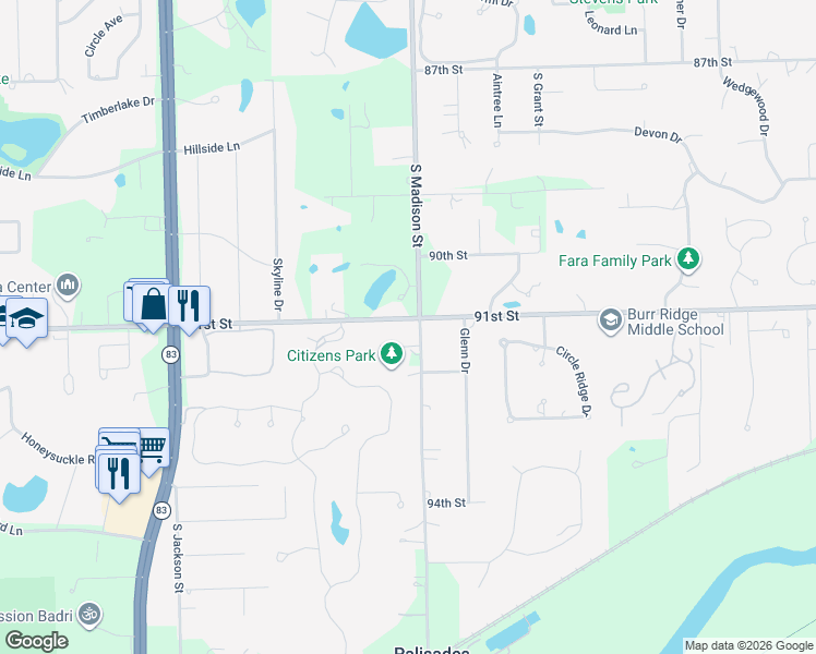map of restaurants, bars, coffee shops, grocery stores, and more near 10S474 South Madison Street in Burr Ridge