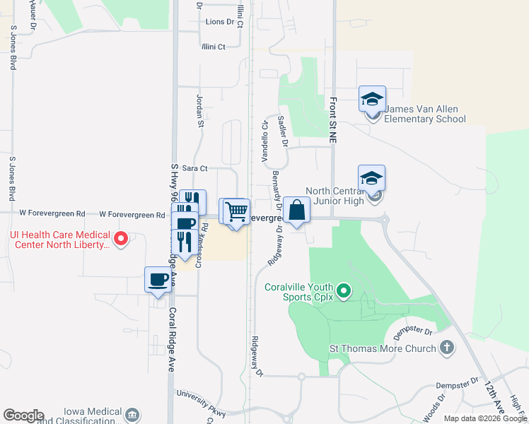 map of restaurants, bars, coffee shops, grocery stores, and more near 251-399 West Forevergreen Road in Coralville