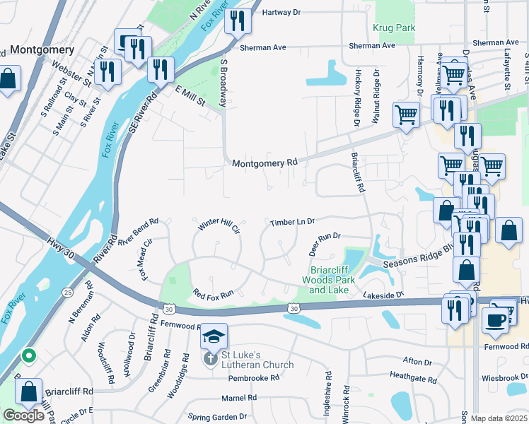 map of restaurants, bars, coffee shops, grocery stores, and more near 1680 Timber Lane Drive in Montgomery