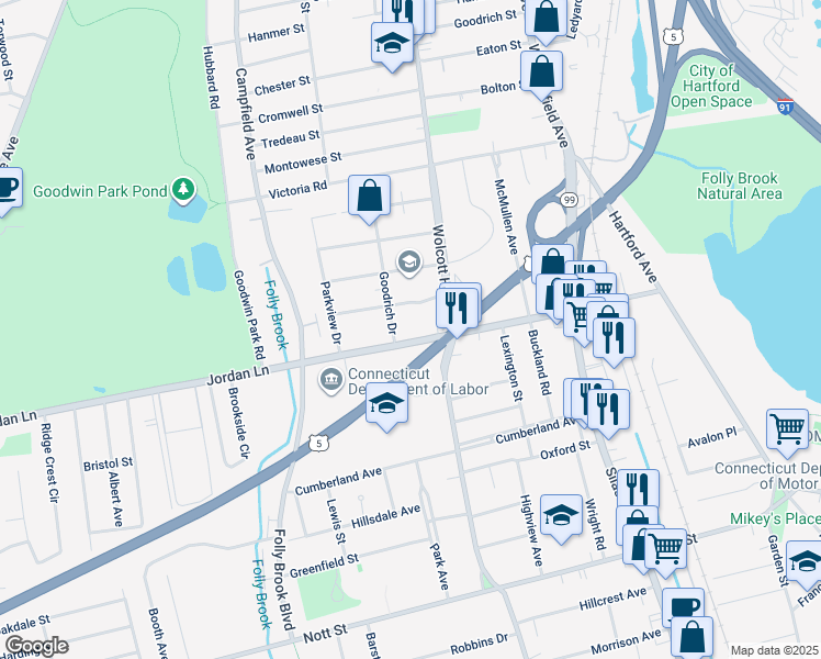 map of restaurants, bars, coffee shops, grocery stores, and more near 208 Jordan Ln in Wethersfield