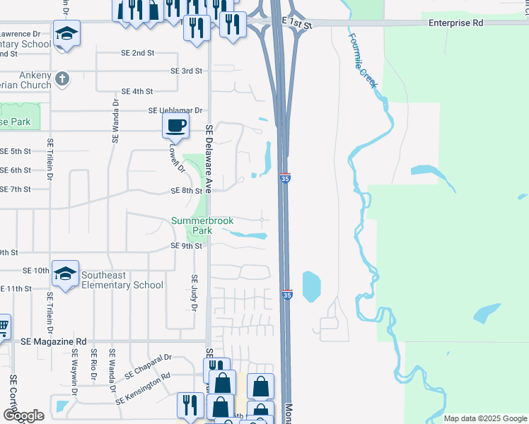 map of restaurants, bars, coffee shops, grocery stores, and more near 1268 Southeast Village View Lane in Ankeny