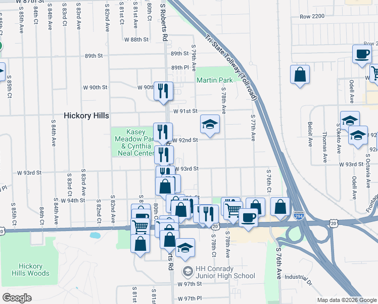 map of restaurants, bars, coffee shops, grocery stores, and more near 7907 West 92nd Street in Hickory Hills