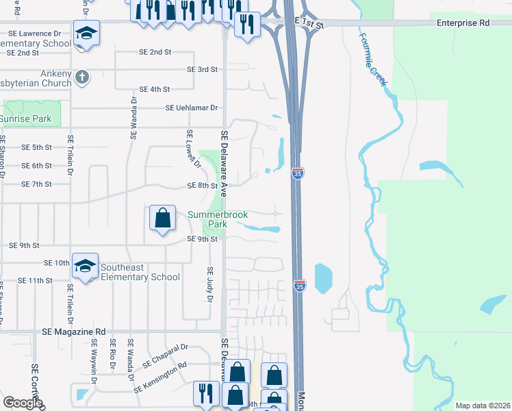 map of restaurants, bars, coffee shops, grocery stores, and more near 1201 Southeast Mill Pond Court in Ankeny