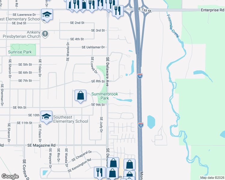 map of restaurants, bars, coffee shops, grocery stores, and more near 1118 Southeast Village View Lane in Ankeny