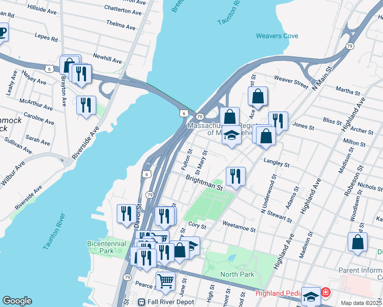 map of restaurants, bars, coffee shops, grocery stores, and more near 82 Wellington Street in Fall River
