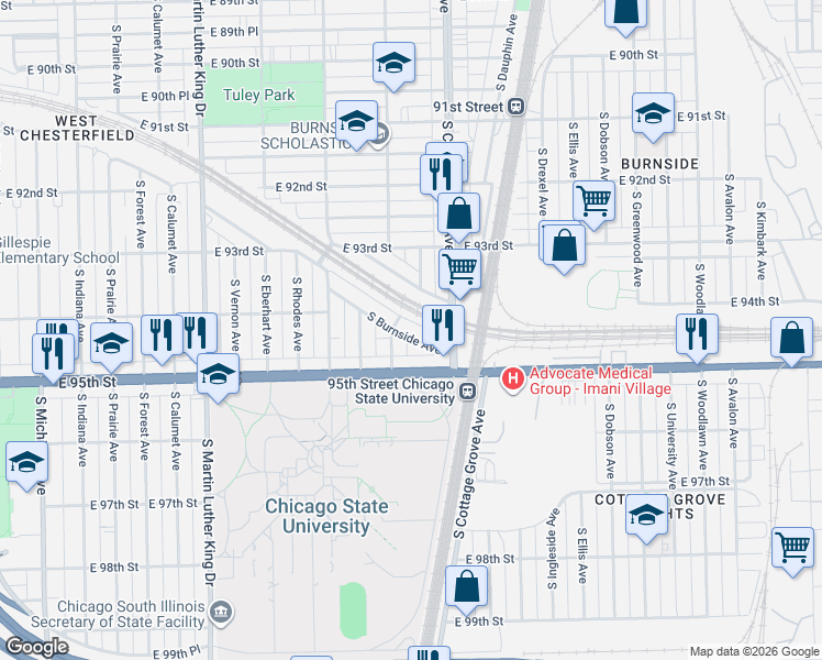 map of restaurants, bars, coffee shops, grocery stores, and more near 9406 South Cottage Grove Avenue in Chicago