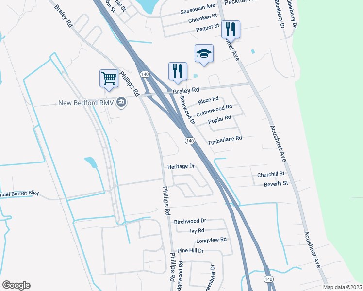 map of restaurants, bars, coffee shops, grocery stores, and more near 2100 Phillips Road in New Bedford
