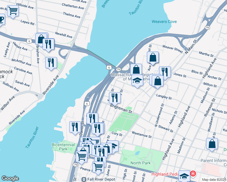 map of restaurants, bars, coffee shops, grocery stores, and more near 82 Wellington Street in Fall River