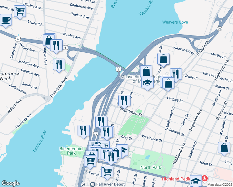 map of restaurants, bars, coffee shops, grocery stores, and more near 29 Wellington Street in Fall River