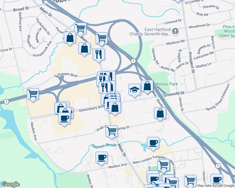 map of restaurants, bars, coffee shops, grocery stores, and more near 49 Brewster Road in Glastonbury
