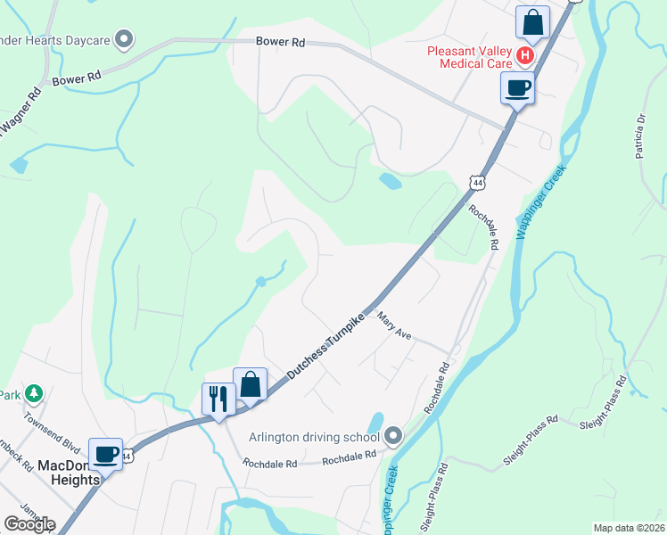 map of restaurants, bars, coffee shops, grocery stores, and more near 5 Grapevine Place in Poughkeepsie