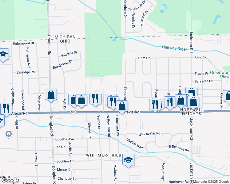 map of restaurants, bars, coffee shops, grocery stores, and more near 2132 Stirrup Lane in Toledo
