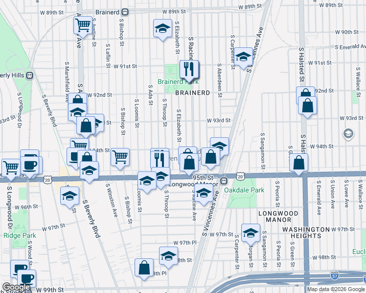 map of restaurants, bars, coffee shops, grocery stores, and more near 9329 South Elizabeth Street in Chicago