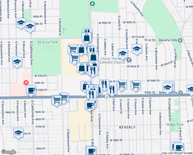 map of restaurants, bars, coffee shops, grocery stores, and more near 9320 South Claremont Avenue in Chicago