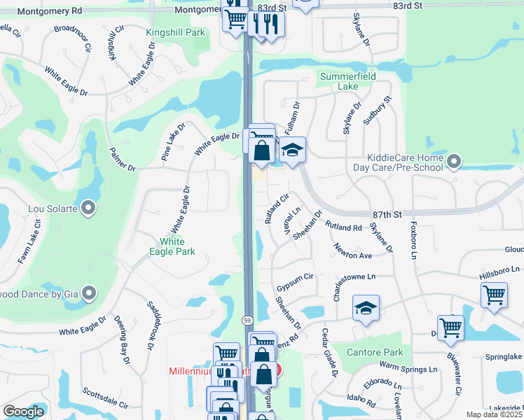 map of restaurants, bars, coffee shops, grocery stores, and more near 129 Illinois Route 59 in Naperville