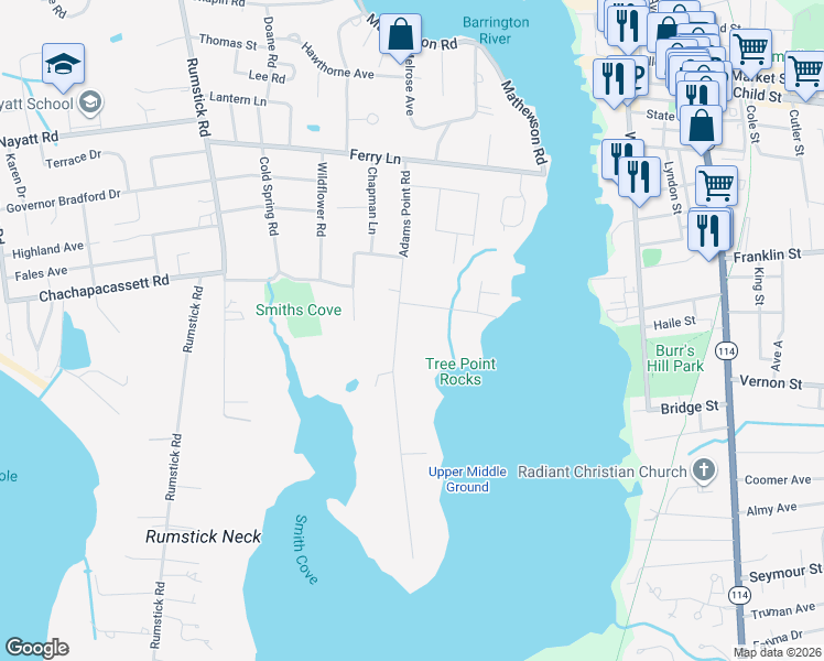 map of restaurants, bars, coffee shops, grocery stores, and more near 7 Bourne Lane in Barrington