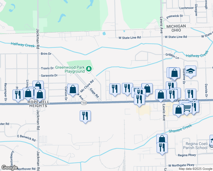 map of restaurants, bars, coffee shops, grocery stores, and more near 5930 Dalton Road in Toledo