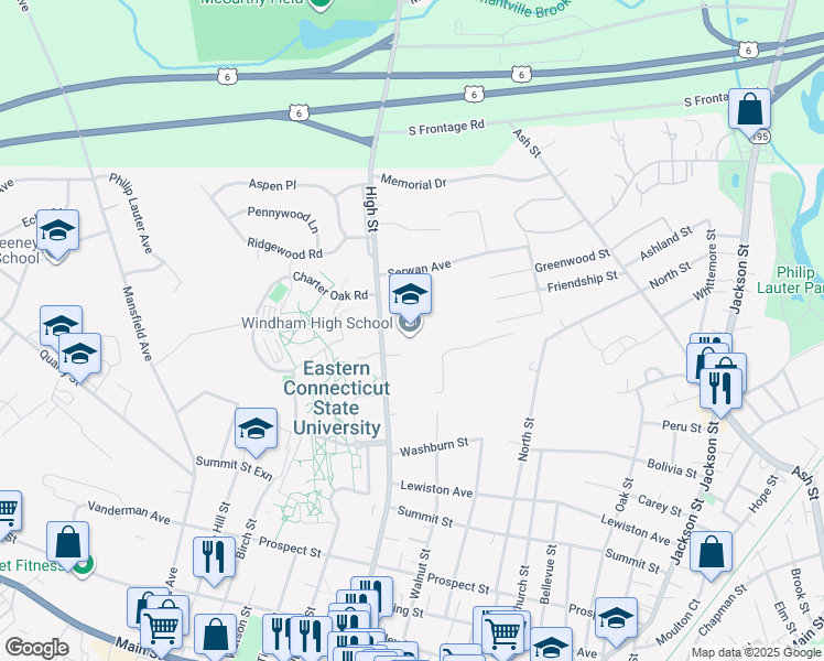 map of restaurants, bars, coffee shops, grocery stores, and more near 355 High Street in Windham