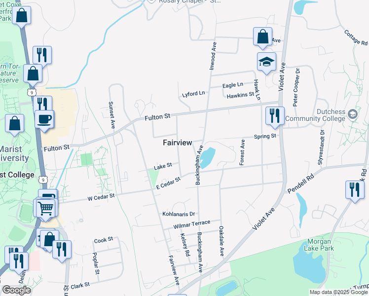 map of restaurants, bars, coffee shops, grocery stores, and more near 30 Spring Street in Poughkeepsie