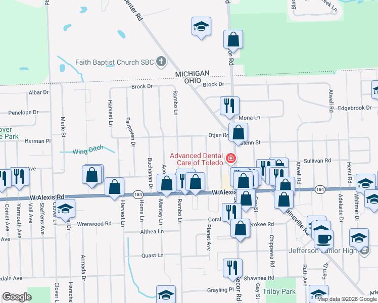map of restaurants, bars, coffee shops, grocery stores, and more near 5949 Murnen Road in Toledo