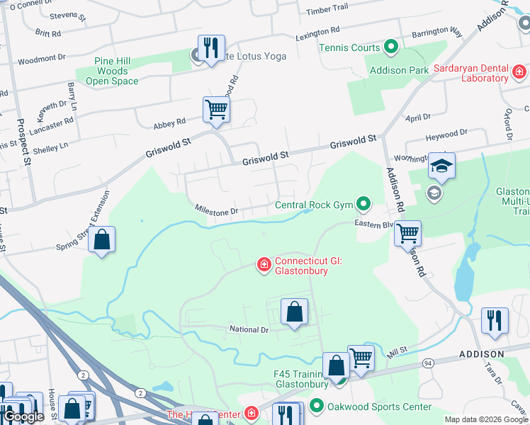 map of restaurants, bars, coffee shops, grocery stores, and more near 2 Holly Lane in Glastonbury