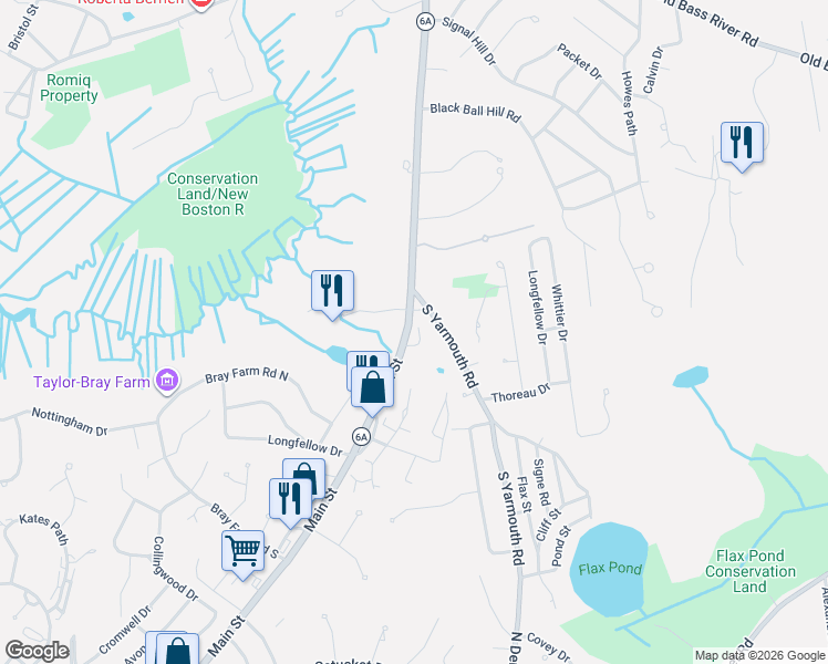 map of restaurants, bars, coffee shops, grocery stores, and more near 193 Main Street in Dennis