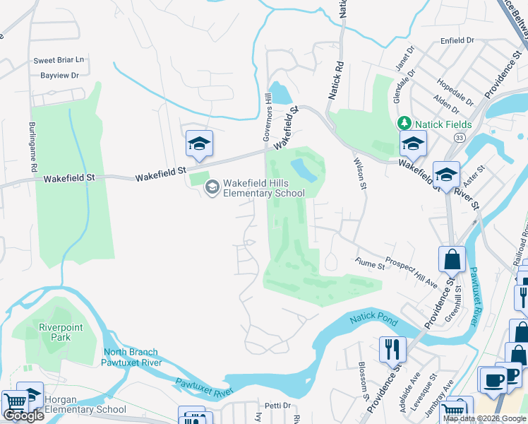 map of restaurants, bars, coffee shops, grocery stores, and more near 49 Lombardi Lane in West Warwick