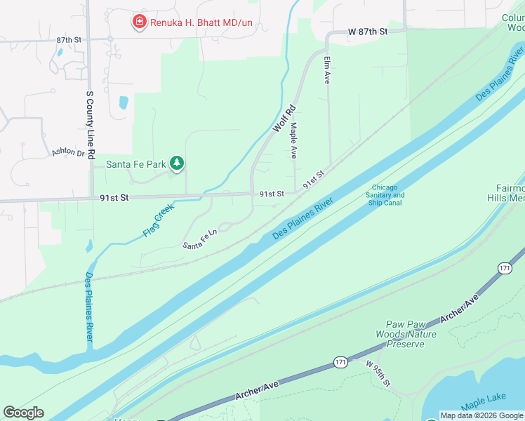 map of restaurants, bars, coffee shops, grocery stores, and more near 94 Santa Fe Court in Willow Springs