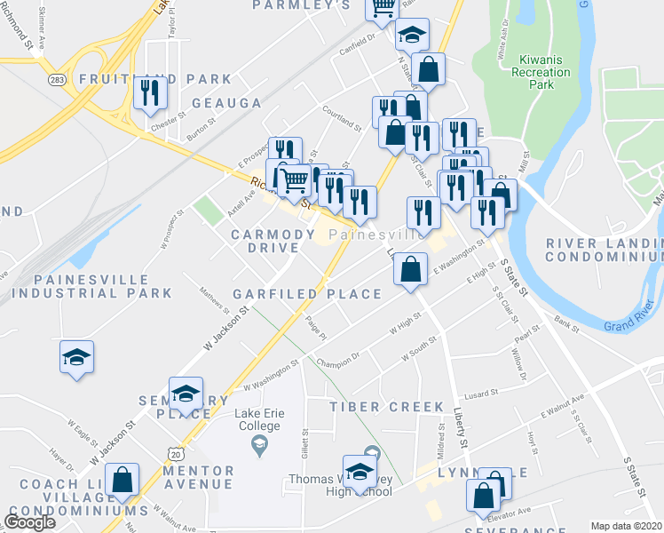 map of restaurants, bars, coffee shops, grocery stores, and more near 78 West Erie Street in Painesville