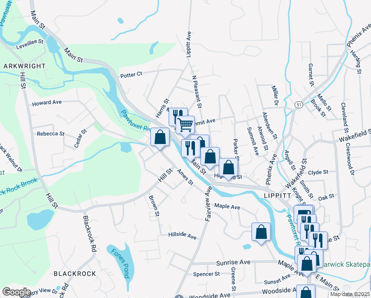 map of restaurants, bars, coffee shops, grocery stores, and more near 682 Main Street in Coventry