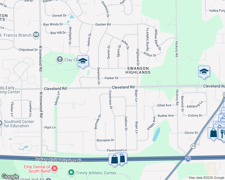 map of restaurants, bars, coffee shops, grocery stores, and more near 17495 Cleveland Road in South Bend