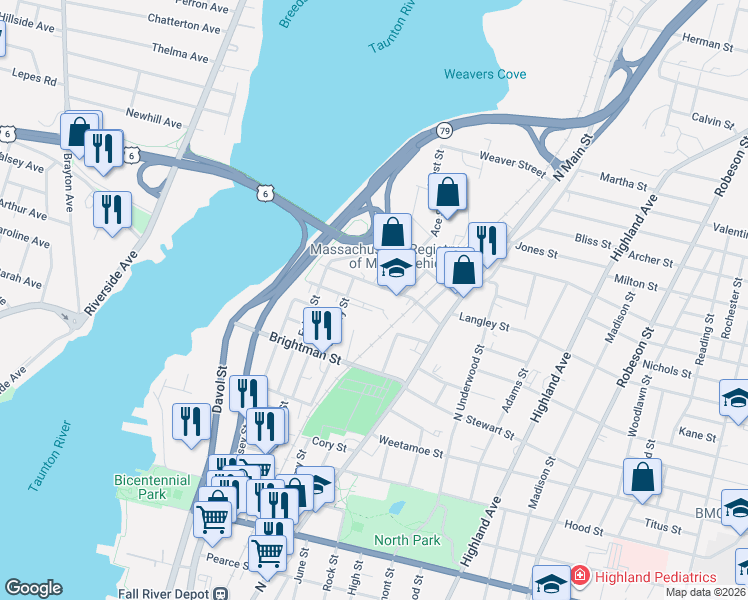 map of restaurants, bars, coffee shops, grocery stores, and more near 157 Essex Street in Fall River