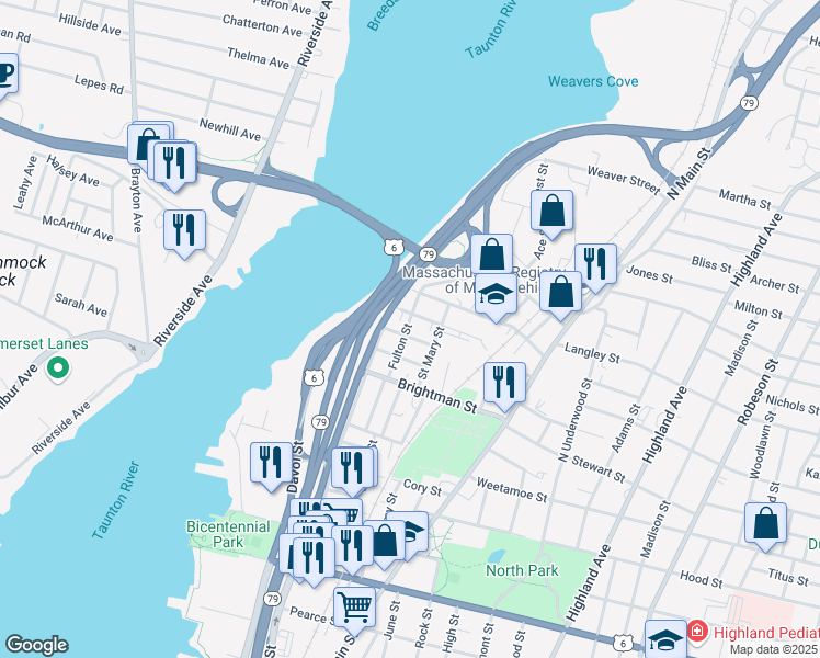 map of restaurants, bars, coffee shops, grocery stores, and more near 82 Wellington Street in Fall River