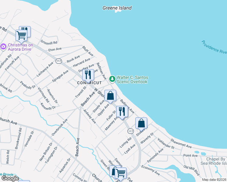 map of restaurants, bars, coffee shops, grocery stores, and more near 114 Bellman Avenue in Warwick