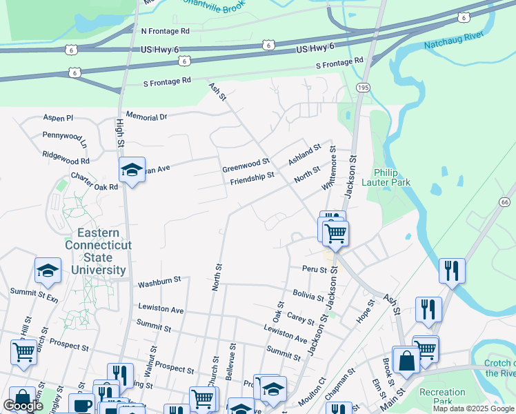 map of restaurants, bars, coffee shops, grocery stores, and more near 438 North Street in Windham