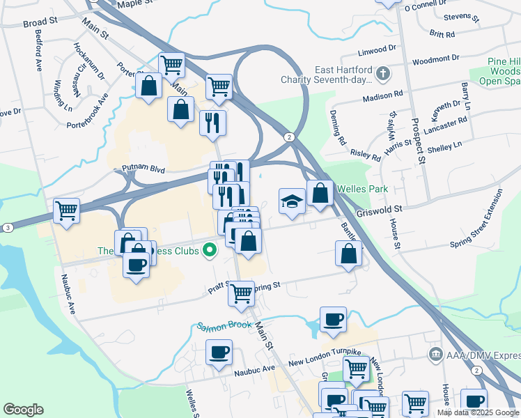 map of restaurants, bars, coffee shops, grocery stores, and more near 49 Brewster Road in Glastonbury