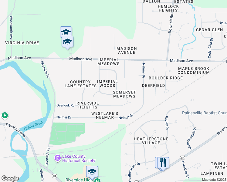 map of restaurants, bars, coffee shops, grocery stores, and more near 185 Meadows Drive in Painesville