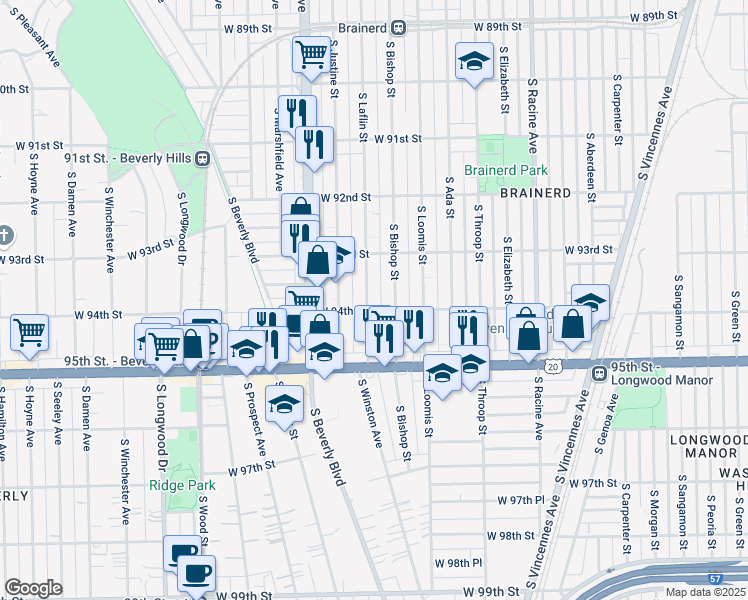 map of restaurants, bars, coffee shops, grocery stores, and more near 9329 South Laflin Street in Chicago