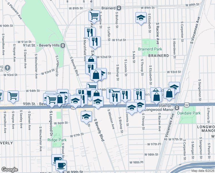 map of restaurants, bars, coffee shops, grocery stores, and more near 9329 South Laflin Street in Chicago