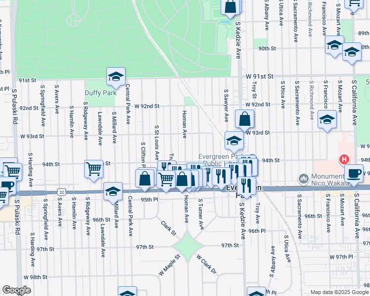 map of restaurants, bars, coffee shops, grocery stores, and more near 9305 South Homan Avenue in Evergreen Park