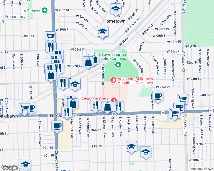 map of restaurants, bars, coffee shops, grocery stores, and more near 4500 West 93rd Street in Oak Lawn