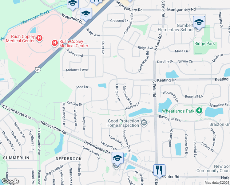 map of restaurants, bars, coffee shops, grocery stores, and more near 1701 Melbourne Lane in Aurora