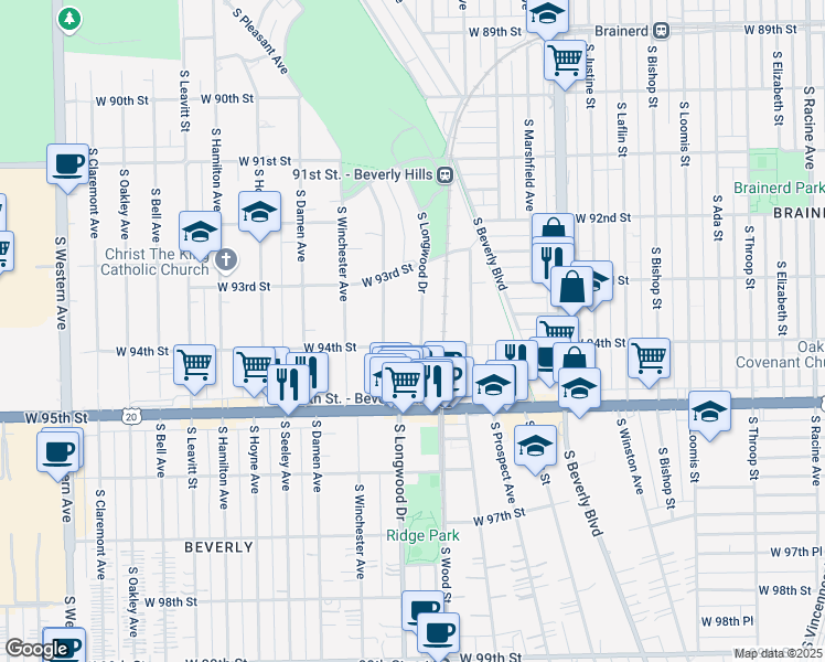 map of restaurants, bars, coffee shops, grocery stores, and more near 9368 South Longwood Drive in Chicago