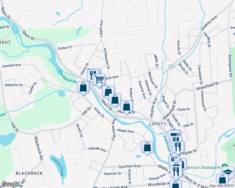 map of restaurants, bars, coffee shops, grocery stores, and more near 37 Pleasant Street in West Warwick