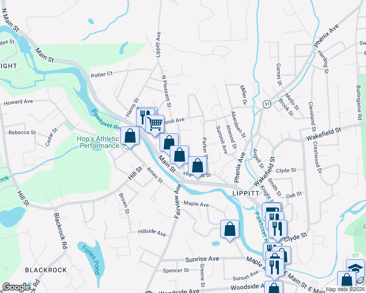 map of restaurants, bars, coffee shops, grocery stores, and more near 43 Pleasant Street in West Warwick